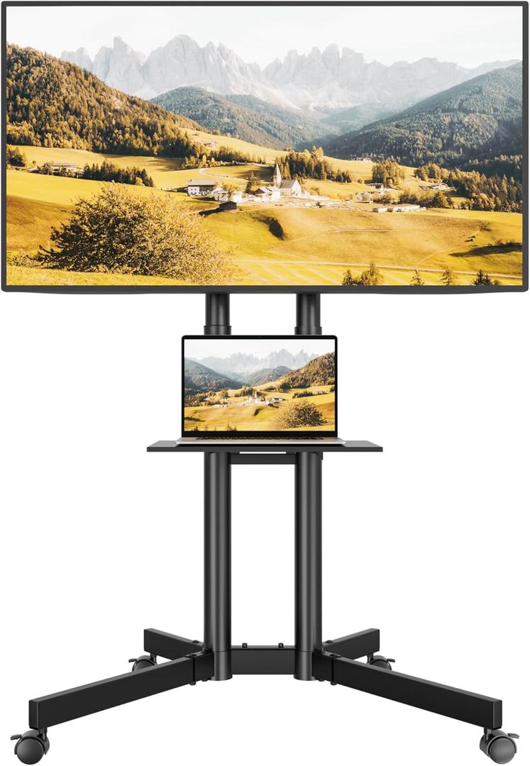 BONTEC Mobile TV Stand with Tilt Function, Rolling TV Cart for 3285 Inch LED LCD OLED Flat & Curved TVs, Portable Stand with Laptop Shelf, Locking Wheels, Max VESA 600x400mm, 121 lbs Capacity, Black