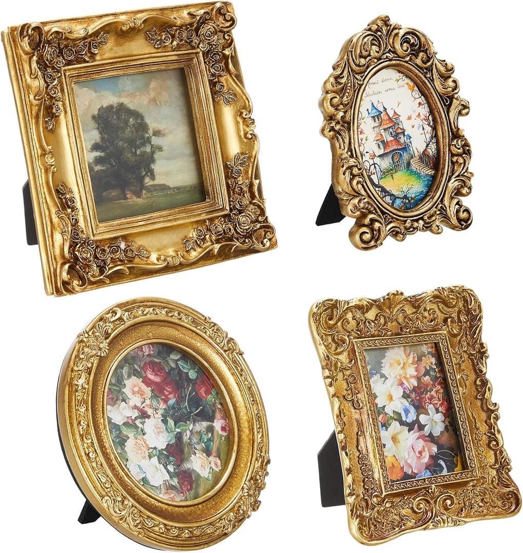 Qunclay 4 Pcs Small Vintage Picture Frame Round Rectangle Gold Ornate Antique Picture Frames for Tabletop Display Wall Hanging Home Decor(5.7" X 4.7",5.7" X 5.7",3.9" X 4.7",6.7" X 6.7")