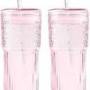 GOSCHE Glass Coffee Cups with Lids and Straws, 20oz Drinking Jar Glass Tumbler for Iced Coffee, Vintage Ripple Glassware Smoothie Cups, Pink, 2Pcs