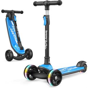 Besrey Kick Scooter for Kids Ages 3-10, 3-Wheel Folding Scooter with Adjustable Height, LED Light Wheels, Extra Wide Deck for Outdoor Activities (Blue)