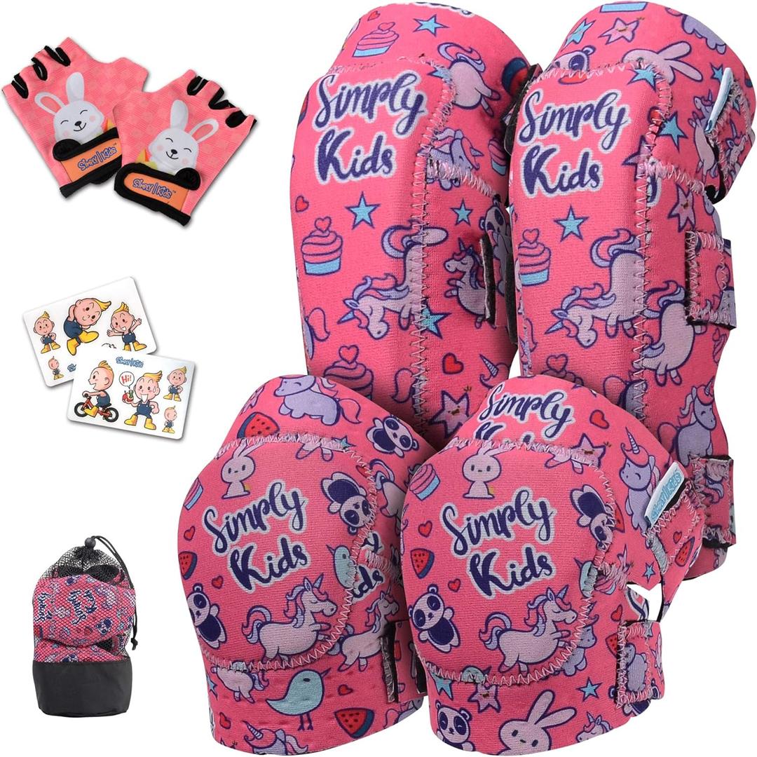 Soft-Style Kids Knee and Elbow Pads with Bike Gloves, Flexible Impact-Resistant Gear for Ages 2-11, Designed for Balance Bikes, Roller-Skating, and Skateboarding (Unicorn, Medium)