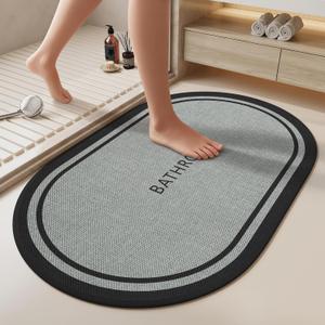 Ultra Thin Oval Bath Mat Bathroom Rugs, Quick Dry Super Absorbent Washable Bath Shower Mats, Rubber Backing Non Slip Bathroom Rug Fit Under Door, 16x24, Border Grey