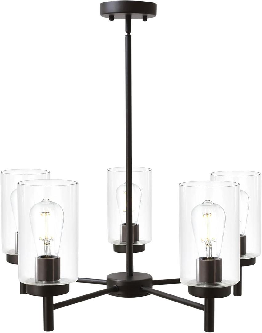 VINLUZ Contemporary 5-Light Large Chandeliers Oil Rubbed Bronze Modern Lighting Fixtures Hanging Clear Glass Shades Pendant Lighting for Dining Room Living Room Kitchen