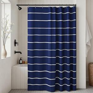 Navy Blue Striped Shower Curtain, Modern Coastal Bathroom Decor, Clean White Horizontal Stripes, Linen Texture Waterproof Fabric, 72" x 72"