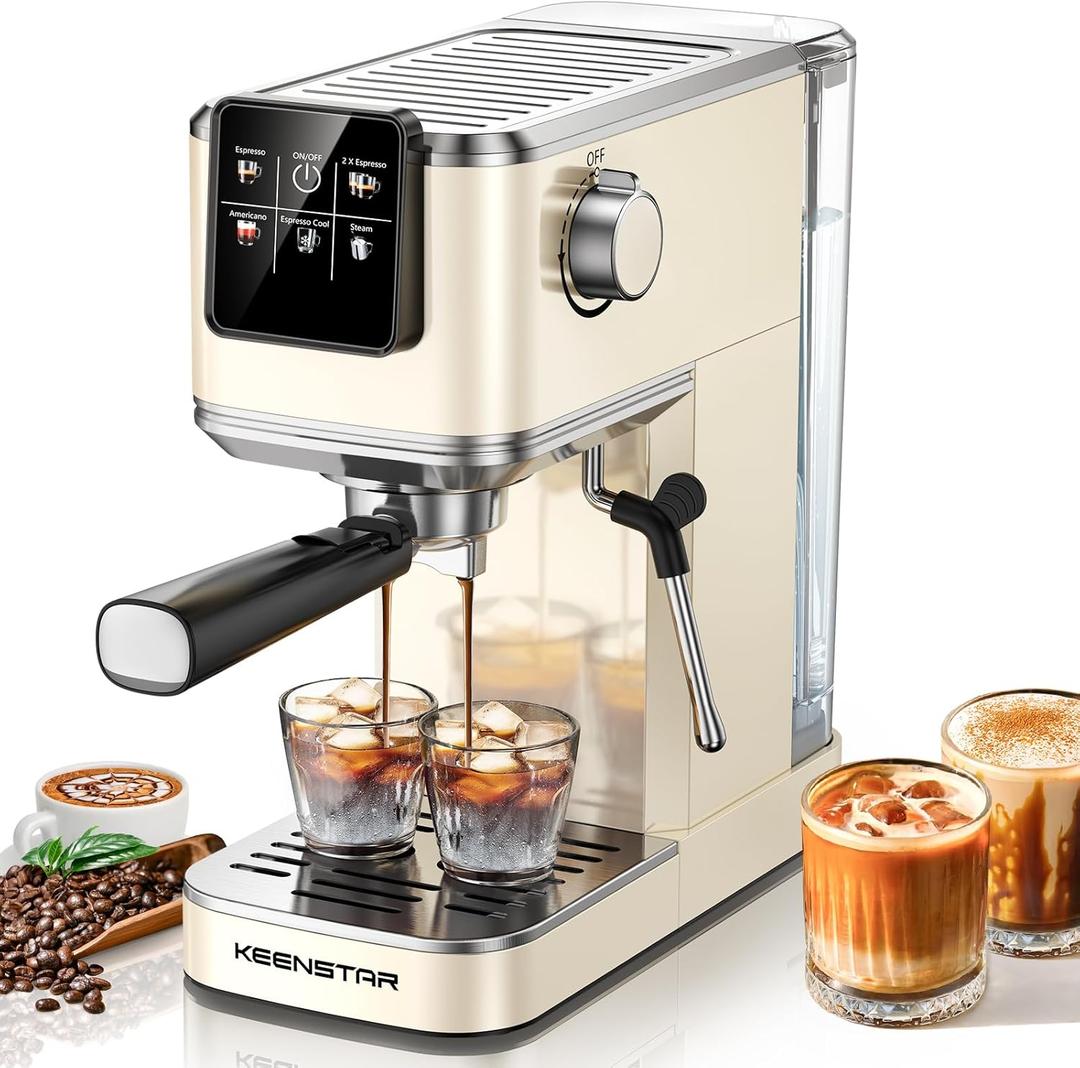 KEENSTAR 20Bar Espresso Machine with Rapid Cold Brew, Hot & Iced Coffee Machine, Espresso Maker with Milk Frother Steam Wand, Touch Screen with 40oz Water Tank for Latte, Cappuccino, Gift (CreamWhite)
