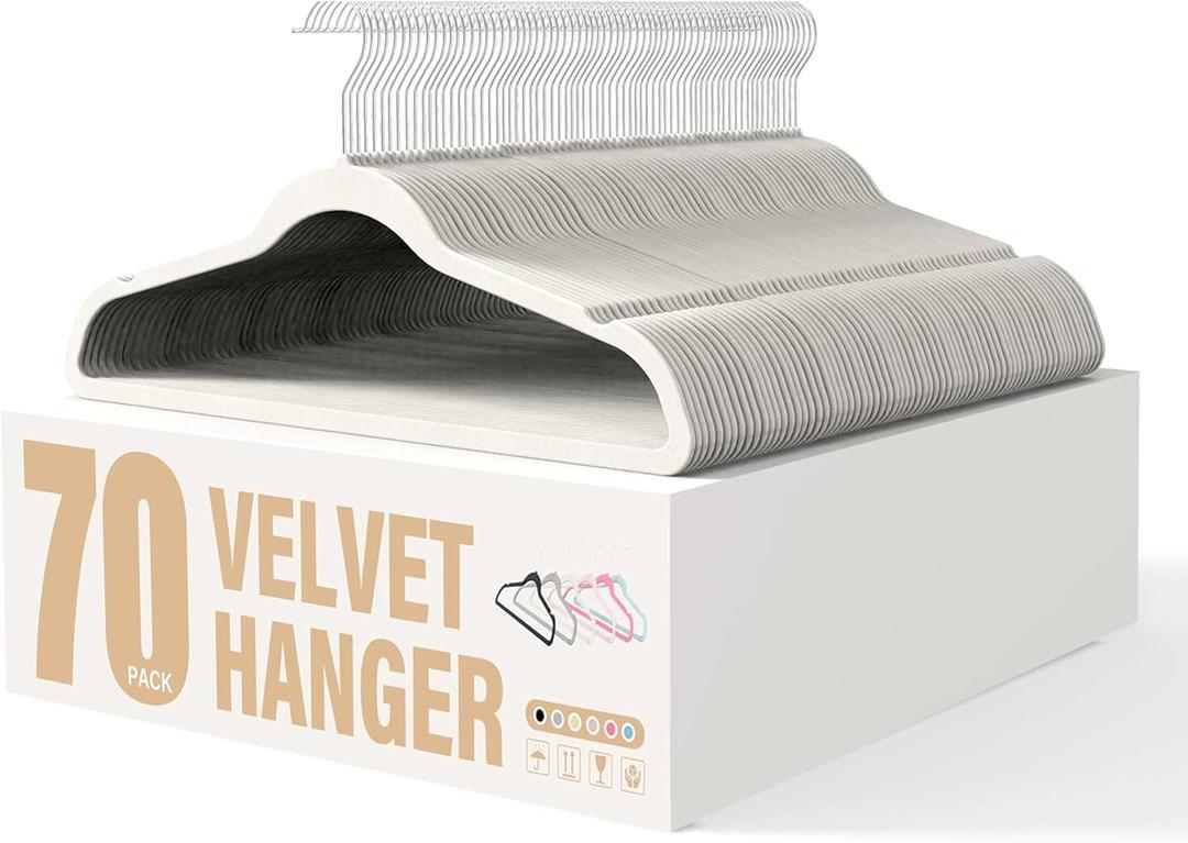 YSSOA Velvet Hangers 70 Pack, Non-Slip Clothes Hangers with Shoulder Notches, 360 Swivel Hooks, Heavy Duty Standard Hanger for Closet Space Saving, White