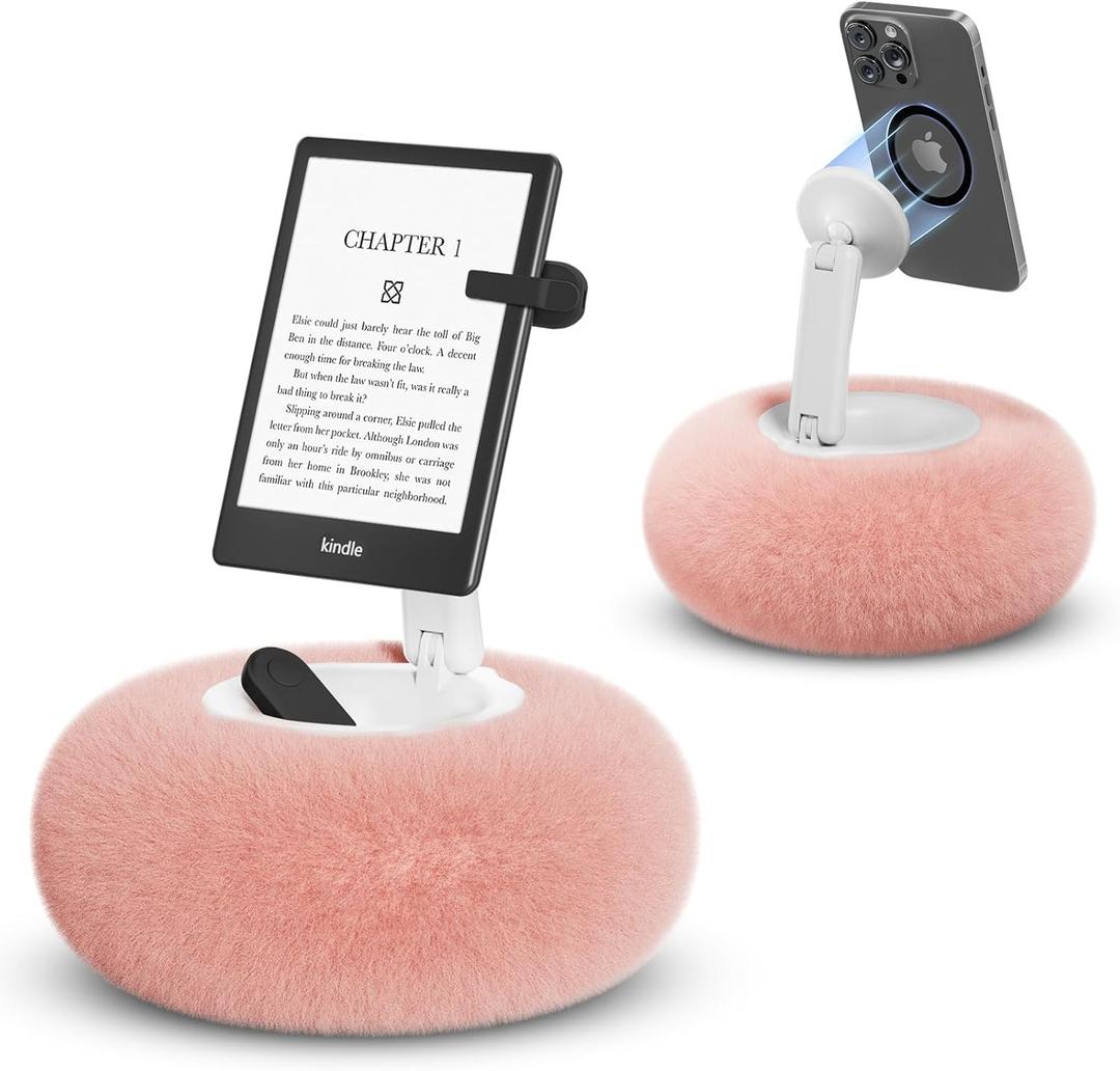 SupeDesk Magnetic Phone Pillow Stand, Phone Holder for Bed,Lap,Desk, Cozy Pillow Stand with Snack Bowl and 2 Magnetic Rings, Compatible with 3.5-7" iPhone,E-Reader, Kindle, Pink
