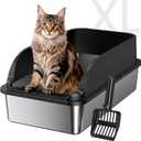 Stainless Steel Litter Box with High Sides, Include Scoop, Black