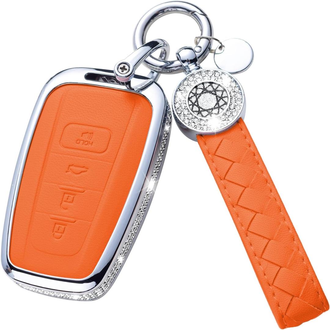 For Toyota Key Fob Cover with Keychain, Orange Leather Rhinestone Key Case Protection Shell Compatible with 2018-2022 Camry RAV4 Highlander C-HR Prius Corolla Avalon GT86