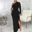 Women's Formal Evening Gowns Elegant Sparkly One Shoulder Maxi Dresses Sexy Long Sleeve High Split Party Long Dress (Black, M)