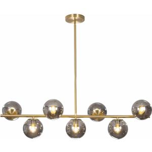 KCO Lighting Mid Century Modern Globe Sputnik Chandelier Gold Brass Linear Pendant Hanging Light Fixture 7-Light Smoke Glass Sphere Chandelier Kitchen Island Dining Room Chandelier