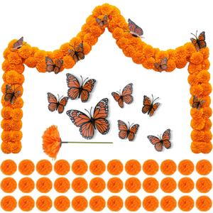 105 PCS Artificial Marigold Flowers with 12 Orange Monarch Butterflies Decor, 3.5 Inch Silk Dia de Los Muertos Flowers for Altars, DIY Fiesta, Halloween, Diwali Bulk Orange Mexican Flowers