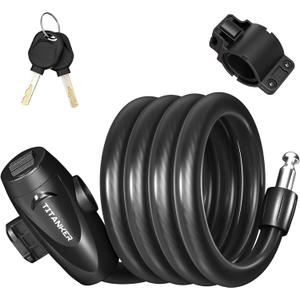 Titanker Bike Lock, Bike Lock Cable 4 Feet Coiled Secure Bicycle Lock with Keys Scooter Lock Bike Locks 1/ 2 Inch Thick Heavy Duty Anti Theft Bike Cable Lock with Mounting Bracket