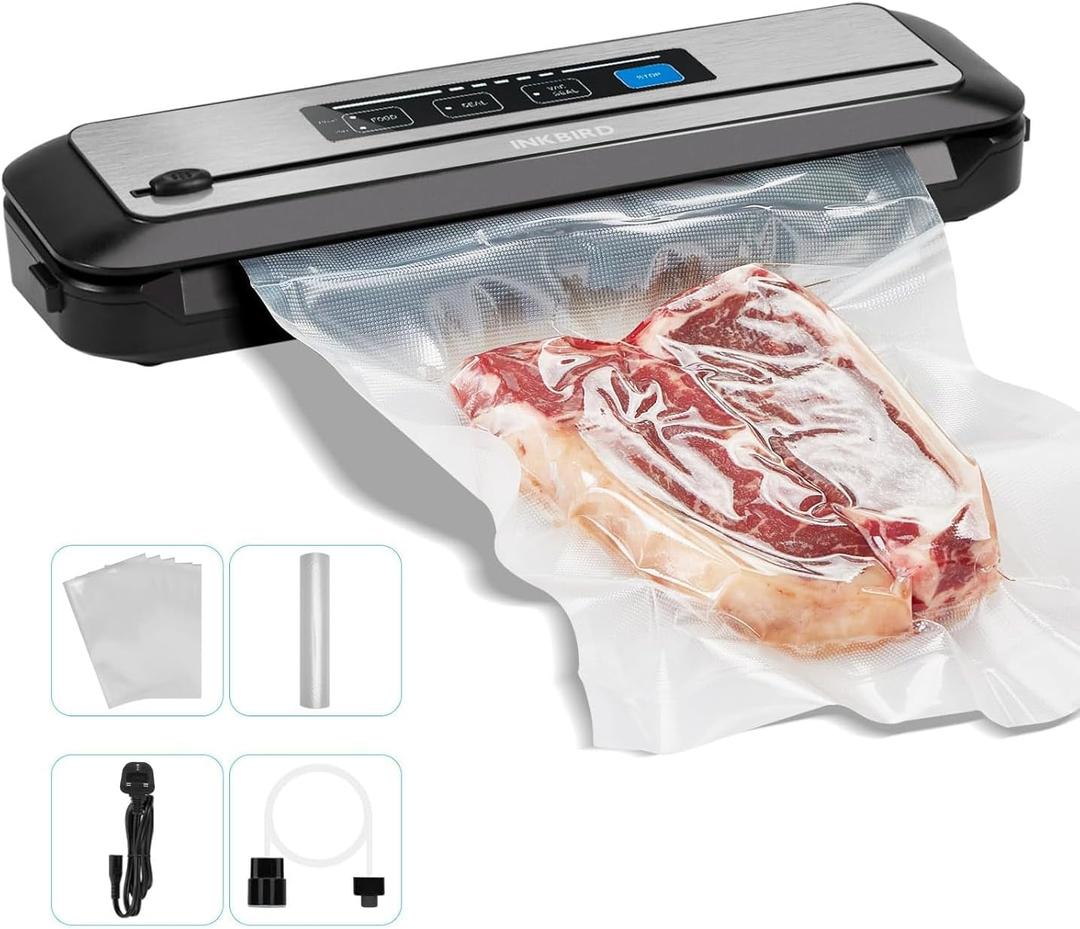 Inkbird Vacuum Sealer Machine with Starter Kit, Automatic PowerVac Air Sealing Machine for Food Preservation, Dry & Moist Sealing Modes,Built-in Cutter,Easy Cleaning Storage (Silver)