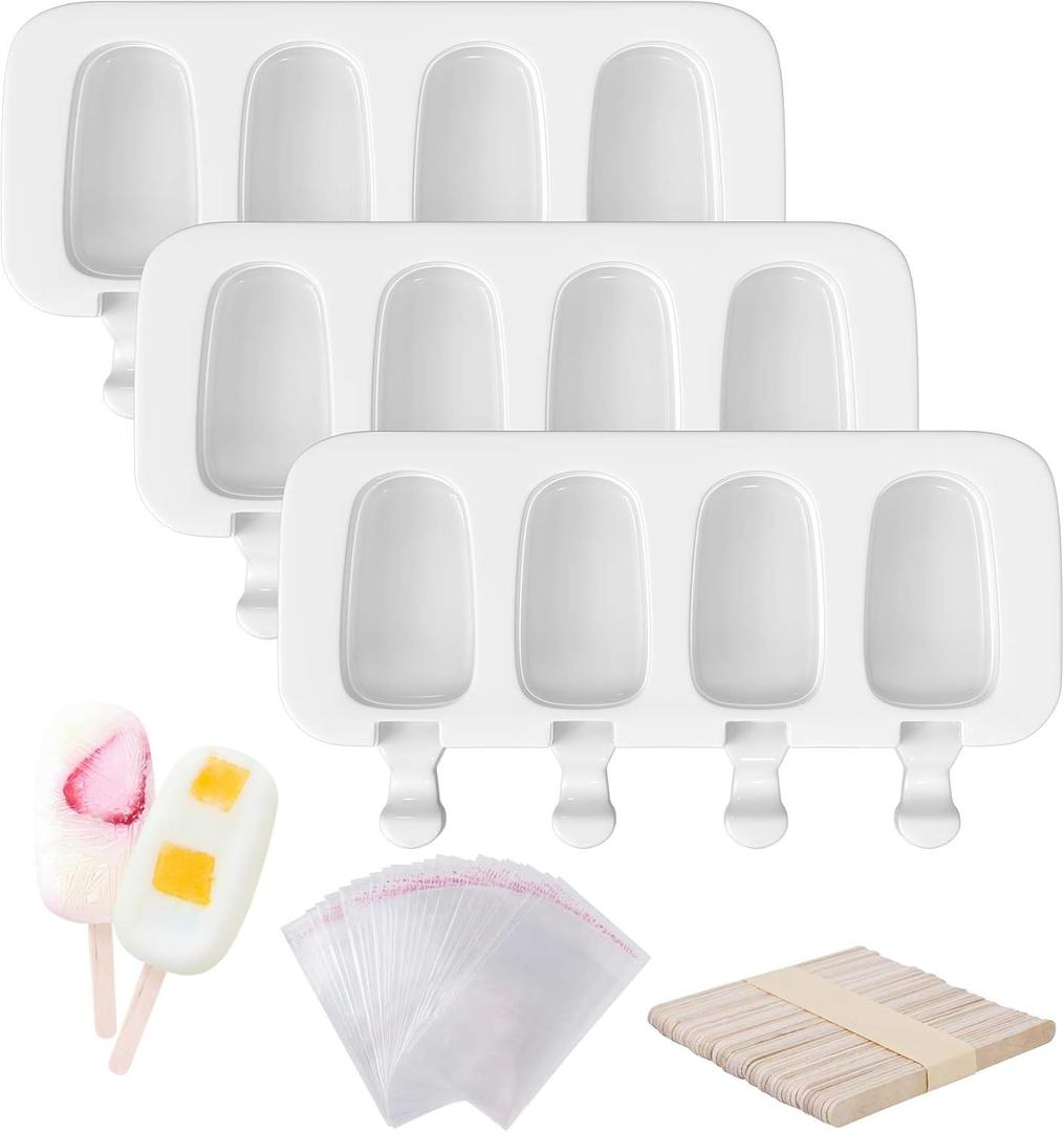 Popsicle Molds Set of 3, 12 Cavities Silicone Popsicle Molds & Ice Cake Pop Mold Maker Oval with 50 Wooden Sticks & 50 Self-adhesive Bags for DIY Cake and Ice Cream (White)