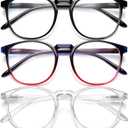 IBOANN Chic & Comfy Blue Light Glasses for Women - 3-Pack Round Frames, Screen-Ready Style with UV Protection Coating (A27 Light Black & Dark Blue Red & Transparent)