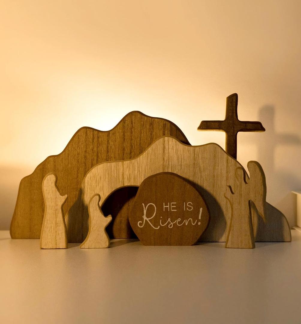 He is RisenEmpty Tomb Scene Spring Easter Decorations, Jesus Nativity Resurrection Figurines Set With Wooden Cross For Home, Office, Table, Shelf, Mantle Decor  Christian Catholic Religious Gifts (7 Pieces)