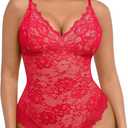 FeelinGirl Shapewear Bodysuits for Women Lace Shapewear Tummy Control V-Neck Sleeveless Bodysuit Tops Jumpsuit (Small, Red)