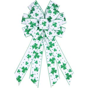 BUVANE St. Patrick's Day Wreath Bow,12 x 20 Inches Large Green Shamrock Irish Holiday Decoration Bow with Streamer Wired Edge Ribbon (White)