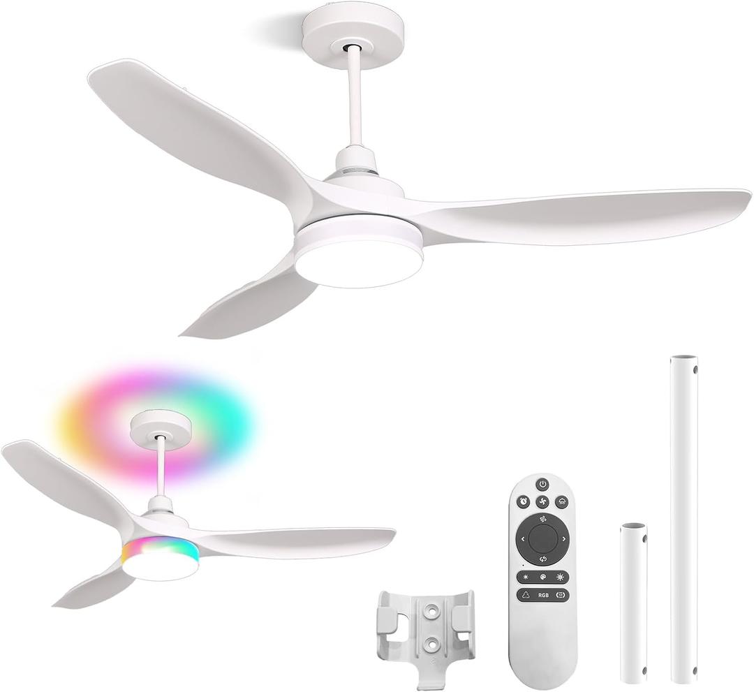 RGB Ceiling Fans with Lights 52 Inch, Quiet DC Motor LED Ceiling Fans with Remote for Bedroom, Living Room, Kitchen, 3CCT, 6 Speeds, Reversible, Dimmable, Timer, Memory, White