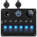MKING 6 Gang Marine Switch Panel - Waterproof Rocker Switches with USB & Type-C Charger, Circuit Breaker, Digital Voltmeter, and Power Socket, Compatible with 12V-24V Vehicles