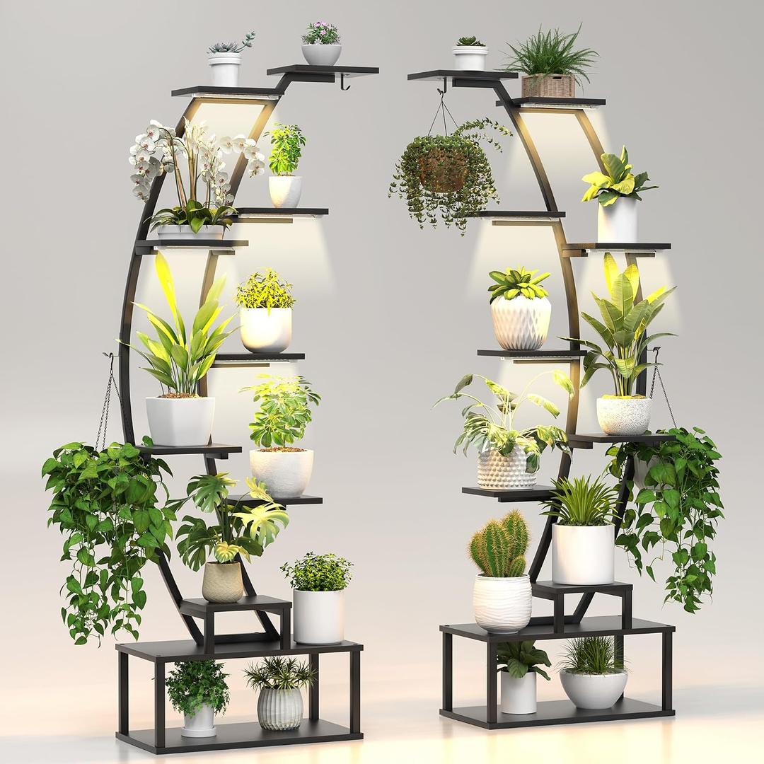Plant Stand Shelf Indoor with 8 Grow Light, 10 Tiered 65" Tall Black Large Half Moon Lighted Plant Rack Holder, 2 Pack Big High Circular Arch Multi Herb Stand with Built in LED Grow Light Set