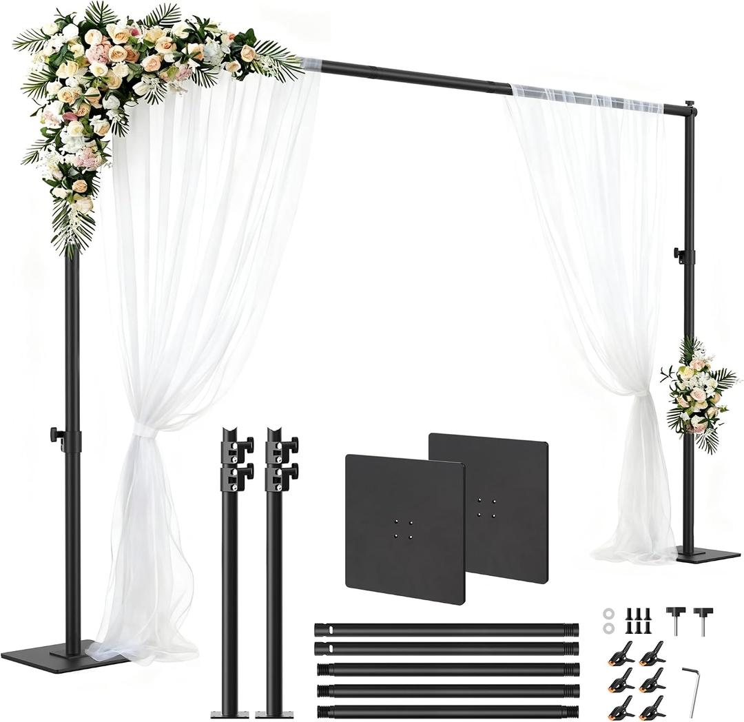 Square Backdrop Stand 6.5x10ft, Heavy-Duty Pipe Drape with Flat Metal Base
Adjustable Photography Background Support, Aluminum Poles Stand Kit for Weddings, Parties, Video Studio, Birthday, Black