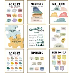 Outus 9 Pieces Mental Health Posters Anxiety Therapy Motivational Poster Psychologist Counselor Inspirational Posters Positive Quotes Wall Decor Classroom for Home Office, 8 x 10 Inch(Retro Style)
