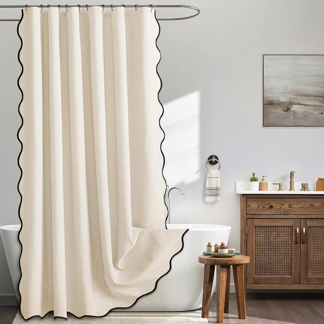 MIULEE Ivory Scalloped Shower Curtain Linen Textured with 12 Metal Hooks Cute Heavy Duty Washable Waterproof Thick Cloth Shower Curtains with Black Border for Bathroom Hotel Bathtub,W72*L72