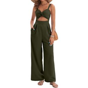 Womens Summer Jumpsuits Dressy Sexy V Neck Twist One Piece Outfits Sleeveless Casual Wide Leg Long Pant Rompers (Large, Army Green)