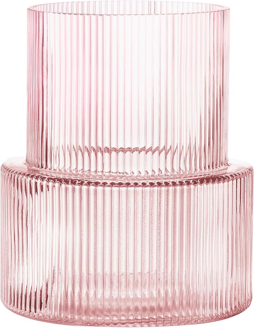Pink Glass Vase, Ribbed Glass Vase for Tulips, Flower Vases for Bouquet, Pink Modern Vases for Living Room, Dining Table, Entryway, Mantle, Shelf, Wedding, Office, 7.5 Inches