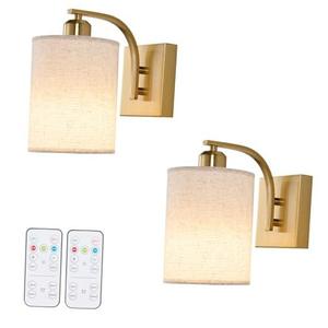 Battery Operated Wall Sconces Set of 2, Brass Gold Rechargeable Wall Sconces with Remote & Bulbs, Indoor Not Hardwired Wall Lights, 15 Colors Dimmable Cordless Wall Lamps for Living Room Hallway Foyer