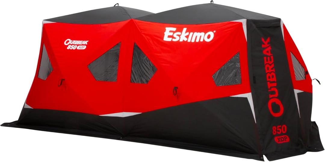 Eskimo Outbreak 850XDP, Pop-Up Portable Ice Fishing Shelter, No-Trip Door, 7-9 Person, Red/Black, 50850