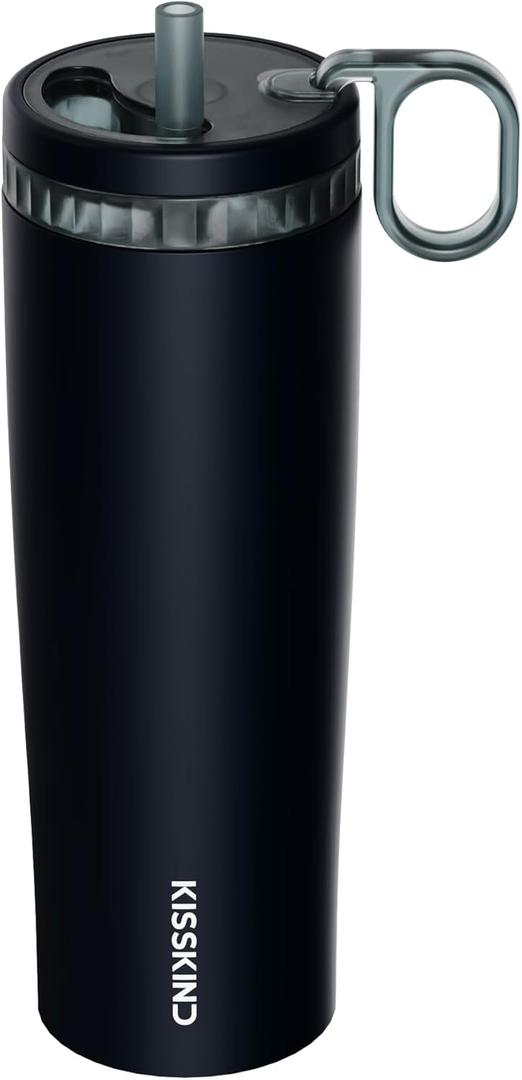 KISSKIND 24 Oz Iced Coffee Tumbler with Hidden Straw, Insulated Stainless Steel Coffee Tumbler, Leakproof Ceramic Lined Travel Cup for Subway Commuting, Cold Brew Tumbler for To-Go, Midnight Espresso