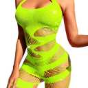 Kaei&Shi Exotic Dancewear, Striped Fishnet, Sparkly Romper, Rave Outfit (Neon Green)