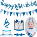 Spakon Glitter Half Birthday 6 Months Happy Birthday Banner Set Happy 1/2 Birthday Baby Boy Girl 1/2 Half Year Cake Topper Triangle Flag Banner 1/2 Birthday Crown Hat Bow Tie (Dark Blue)