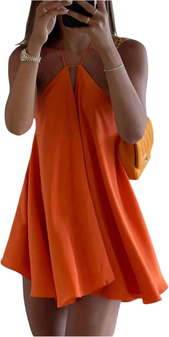SOLY HUX Women's Mini Dress Halter Neck Sleeveless Tie Backless Swing Flowy Beach Dresses Summer Vacation Clothes Solid Orange Small