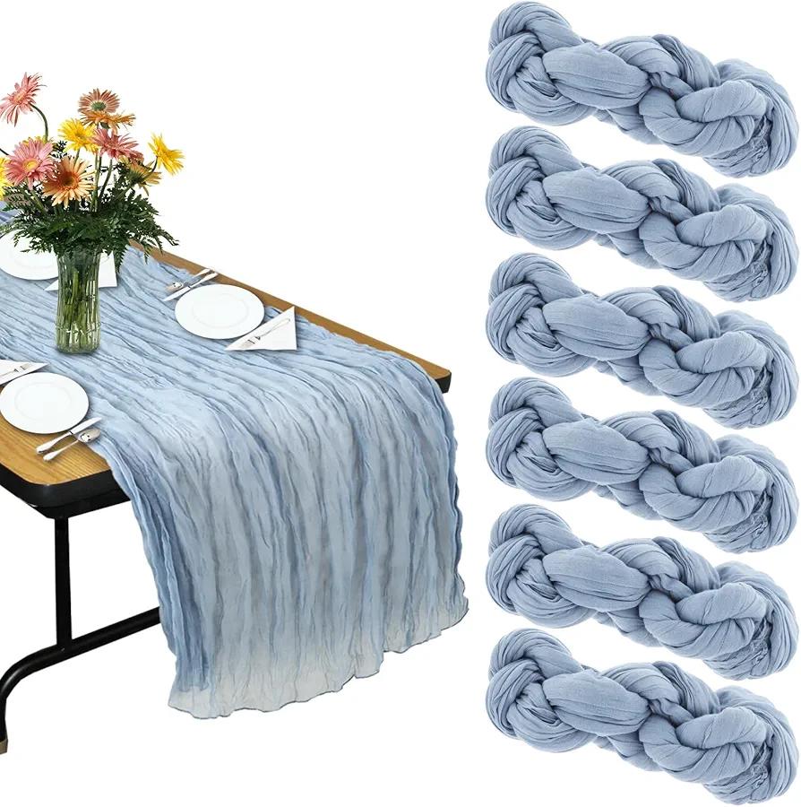 6PCS Cheesecloth Table Runner 9.8FT Boho Cheese Cloth Runners for Wedding Bridal Shower Thanksgiving Party Christmas Table Decoration (Gray Blue)