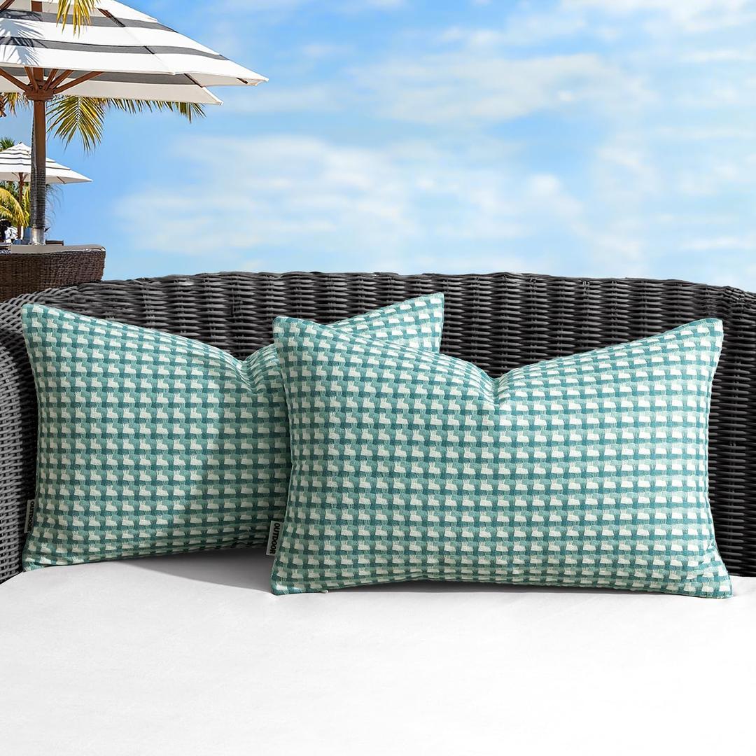 MIULEE Pack of 2 Outdoor Throw Pillow Covers Decorative Farmhouse Square Waterproof Pillows for Tent Patio Garden Balcony Sofa, 12x20 Inch Teal