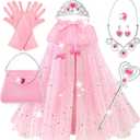Princess Dress Up Clothes for Little Girls, 10 Pcs Toddler Dress Up Toys, Princess Cape with Crown, Wand, Jewelry, Princess Play Toys Gifts for 3 4 5 6 Year Old Girls(Pink)