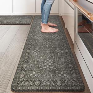 KIMODE Anti Fatigue Kitchen Mat 2PCS,Waterproof Farmhouse Green Kitchen Rugs Non-Slip,Vintage Kitchen Mat for Floor,Cushioned Comfort Foam Standing Mat for Laundry,Office,Sink,Desk (17.3" x 59"+17.3" x 29"--0.47 inches)
