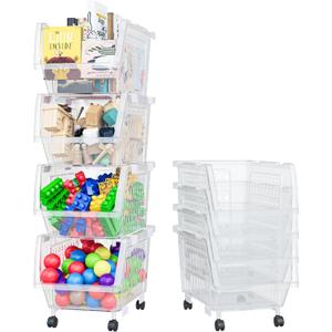 TidyFriend Stackable Storage Bins with Wheels for Closet Organizers and Storage 4 Pack, Closet Organization for Kids Room and Home Organization (Clear)