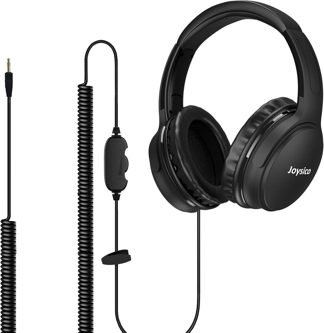 19.5Ft / 6M Extra Long Cord Headphones for TV PC with Volume Control, Spring Coiled Cable, 3.5mm AUX, Wired Over Ear Earphones for Seniors Hard of Hearing, Large Comfortable Computer Headset