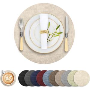 Round Faux Leather Placemats and Coasters, Set of 6, Reversible Heat Resistant Non-Slip Table Mats, Waterproof Wipeable Place Mats for Dining Table, Washable for Indoor & Outdoor (6, Beige)