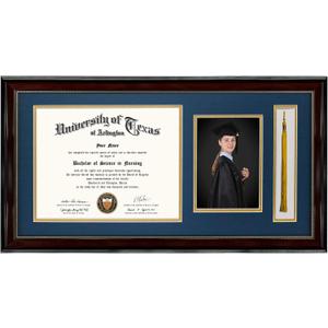 GraduationMall 11x22 Mahogany Diploma Frame with Tassel Holder and Picture for 8.5x11 Certificate 5x7 Photo,Real Glass,Navy over Gold Mat