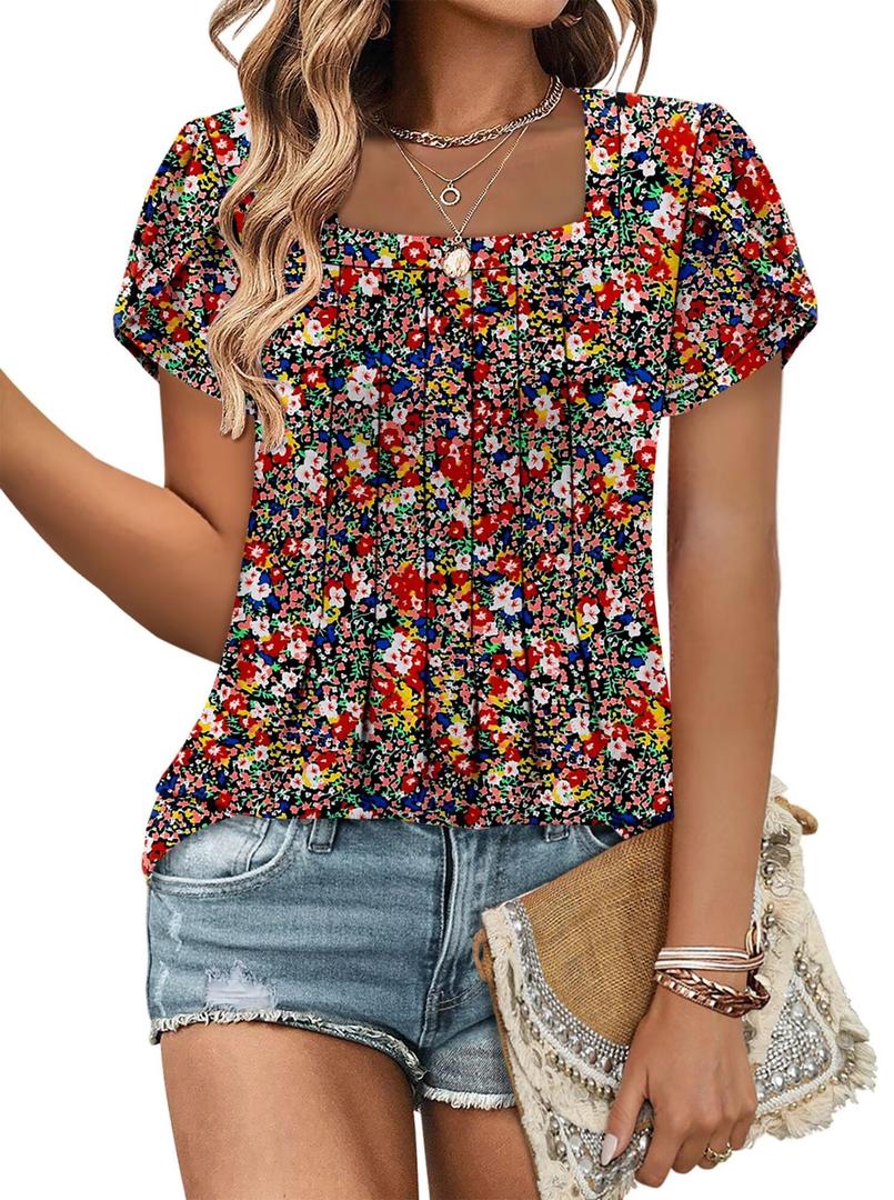 Baby Doll Tops for Women Bohemian Square Neck Petal Short Sleeve Versatile Tshirt Slim Soft Floral Printed Boho Flowy Folds Tunic Blouse S