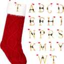 Poen Christmas Stockings with Initials 18 Inches Large Red Knit Monogram Stocking Embroidered Christmas Stockings Gold Letter Christmas Stocking for Family Holiday Xmas Gift, Red and White (Letter T)