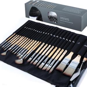 ARTIFY 25 Pieces Professional Paint Brush Set  Expert Series Synthetic Nylon Brushes for Acrylic, Oil, Watercolor, Gouache  No Shedding, Canvas Roll Case & Palette Knife, Artist Gifts Art Supplies (Birch)