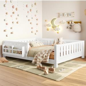 Bellemave Full Floor Bed with Slats and Rails, Full Size Montessori Floor Bed with Bookcase and Fence, Easy Assemble Montessori Beds for Girls, Boys, White Floor Beds