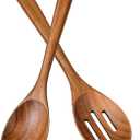 2Pcs Wooden Spoons for Cooking, Natural Premium Teak Wooden Spoon & Slotted Spoon, Good Grip Large Cooking Spoons Spatula, Heat Resistant Wooden Kitchen Cooking Utensils Set for Nonstick Cookware